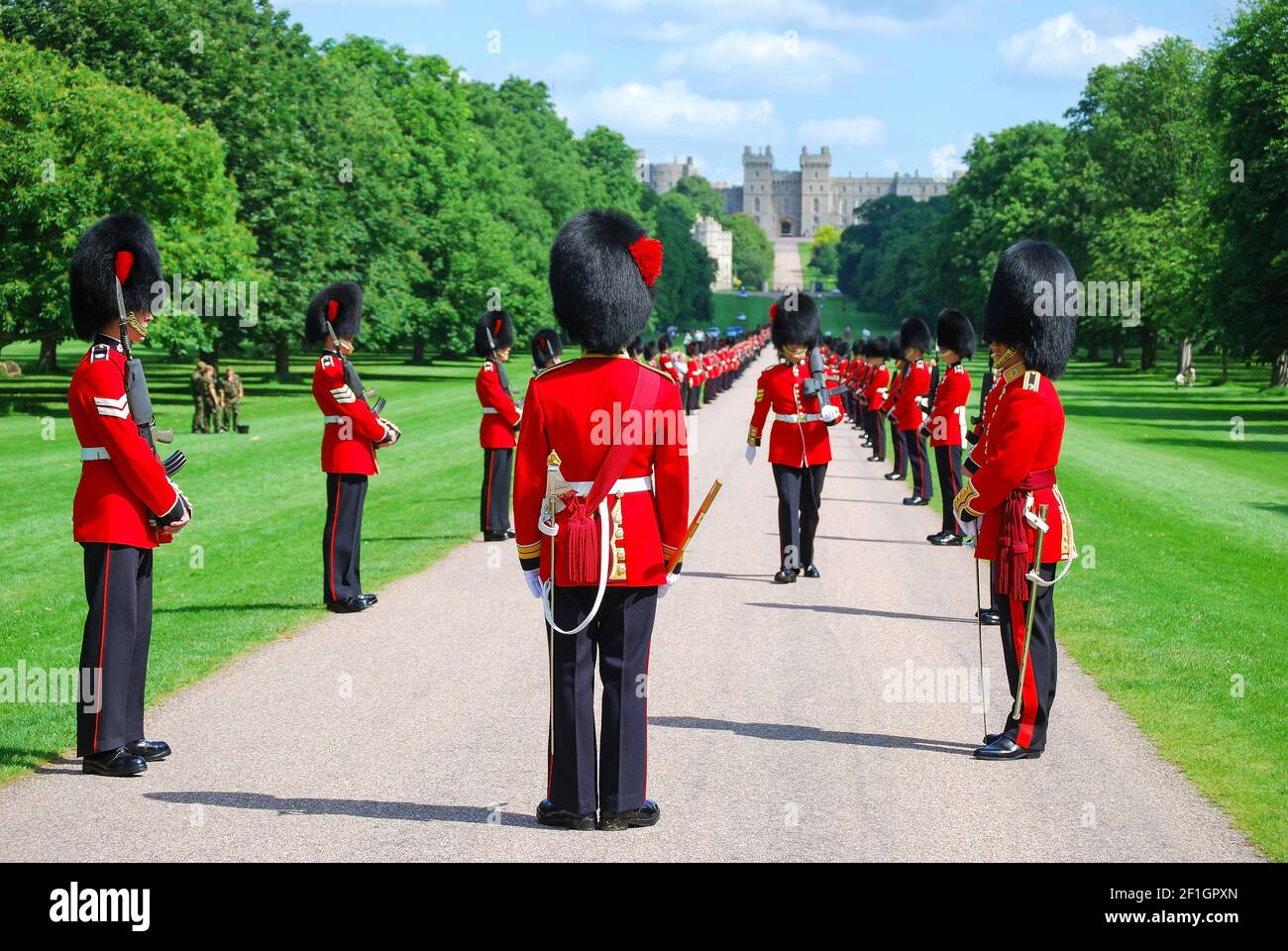 Household Cavalry paradieren auf The Long Walk, Schloss Windsor, Windsor, Berkshire, England, Vereinigtes Königreich Stockfoto