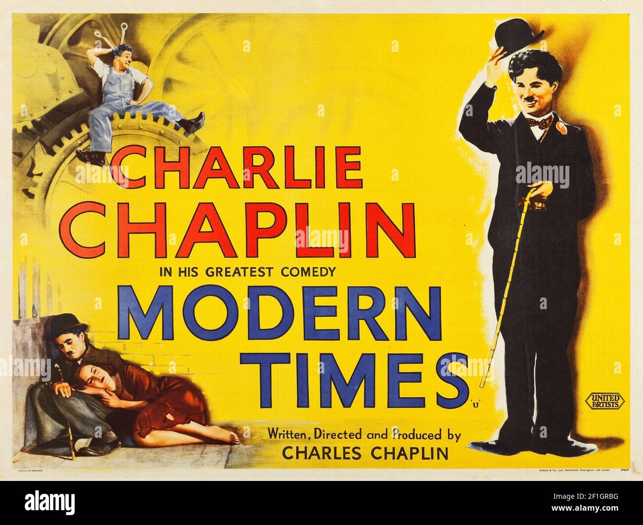 Antikes/Vintage-Filmposter: Modern Times – ein amerikanischer Stummfilm aus dem Jahr 1936, der von Charlie Chaplin geschrieben und inszeniert wurde. Stockfoto