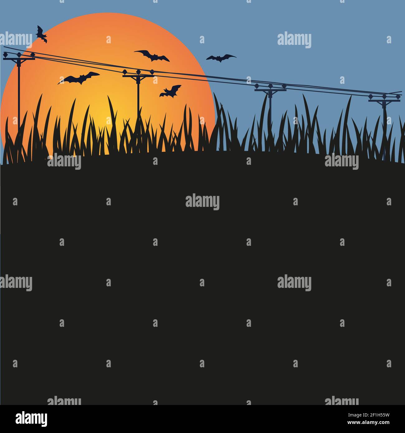 Dunkler Hintergrund - Nacht, ein Sonnenuntergang und Fledermäuse. Stockfoto