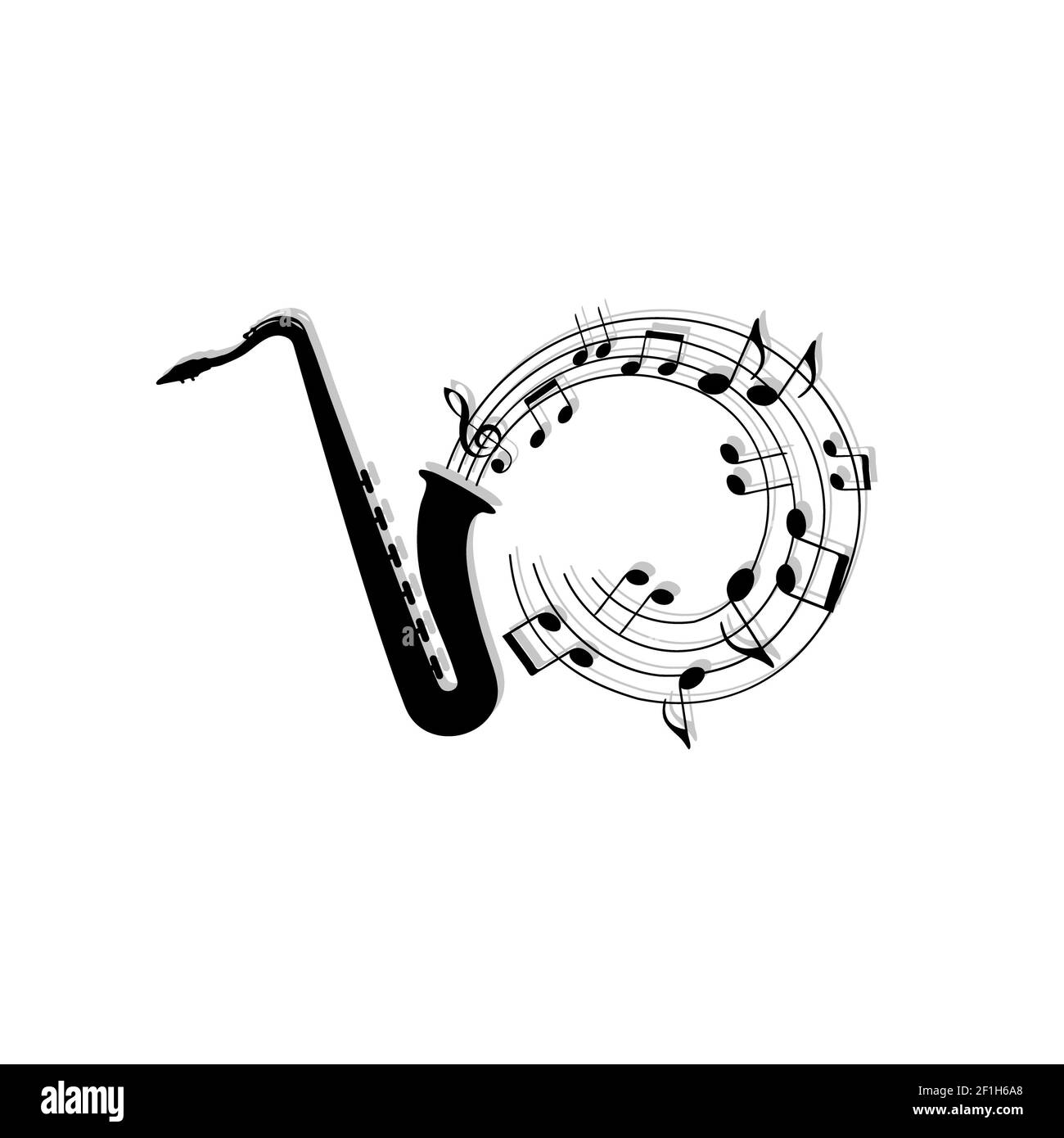 Musikalische Noten Hintergrund mit Saxophon Stockfoto