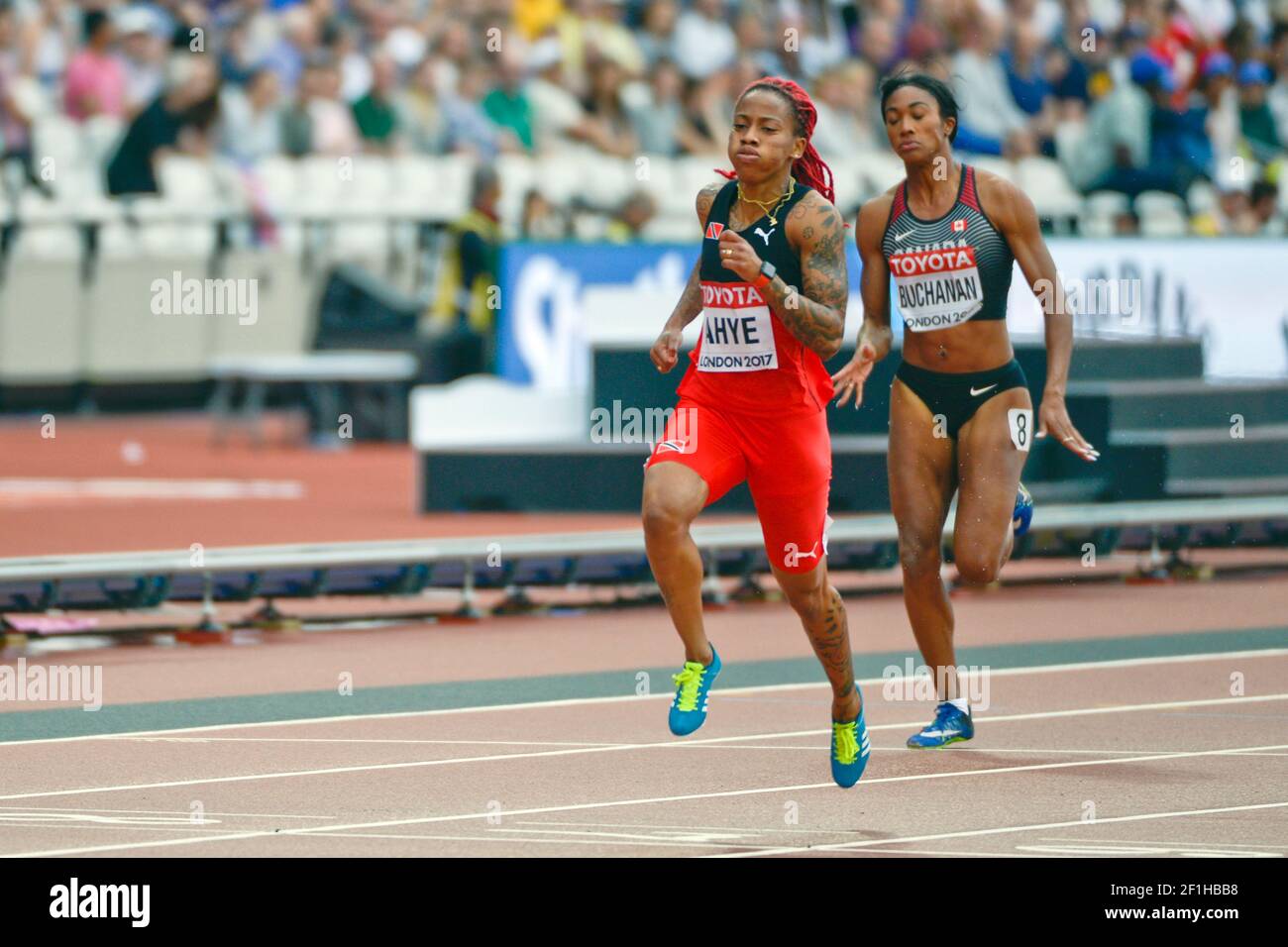 Michelle-Lee Ahye (TTO), Leya Buchanan (CAN). 100 Meter Frauen, heizt. IAAF Leichtathletik-Weltmeisterschaften London 2017 Stockfoto