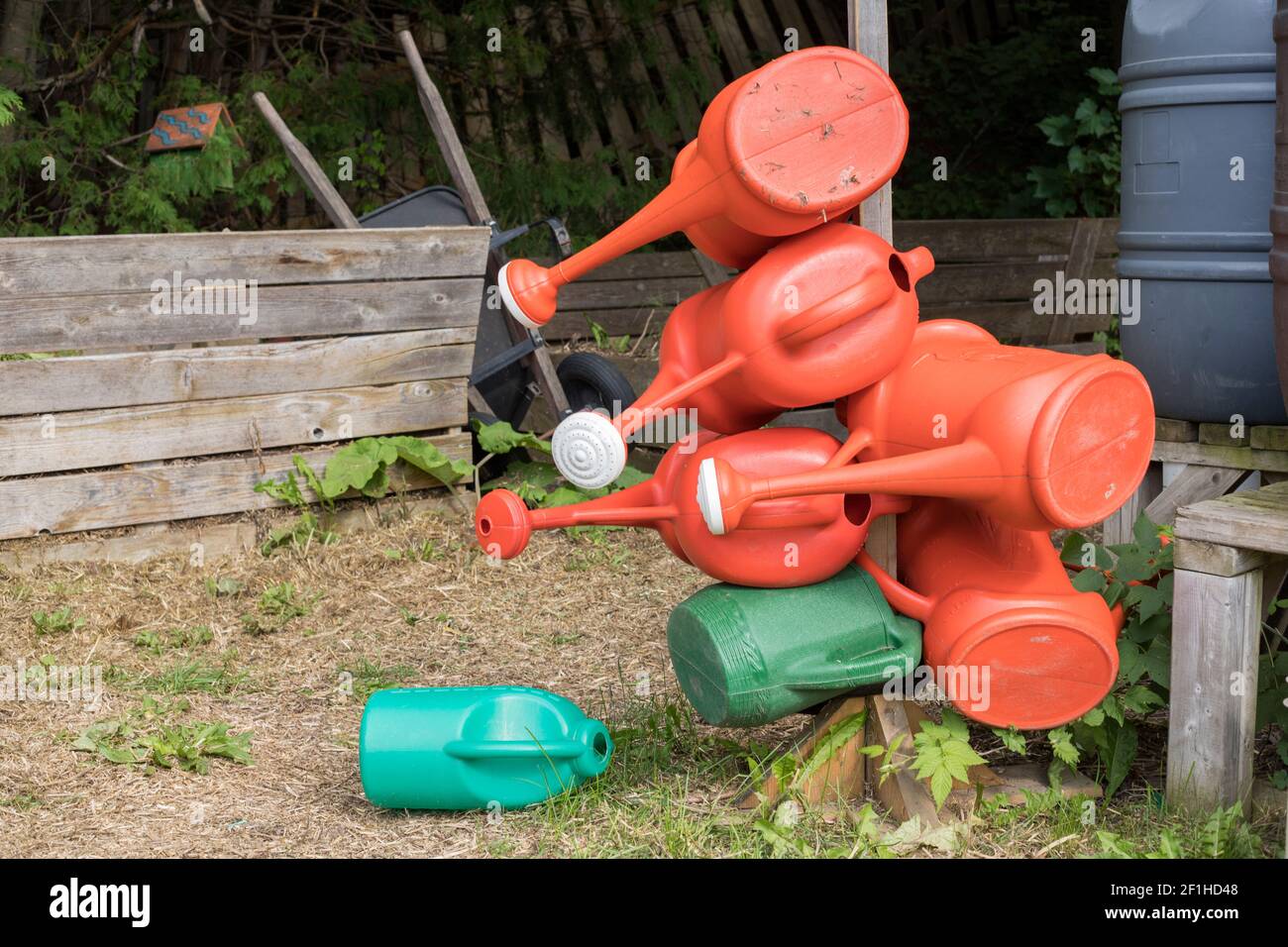 Gießkannen und Fässer im Gemeinschaftsgarten. Gartengeräte zum Bewässern von Pflanzen auf einem Bauernhof. Stockfoto