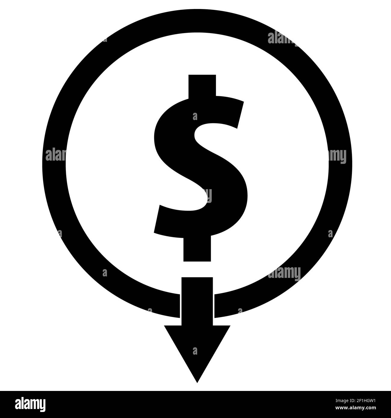 Dollar unten Symbol auf weißem Hintergrund. Kostenreduktionszeichen. Dollar unten Symbol. Flacher Stil. Stockfoto