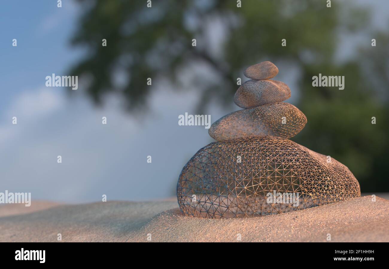 Virtuellen vorstellen Wireframe Steinen Gleichgewicht am Strand, Sonnenaufgang 3D-Illustration Stockfoto