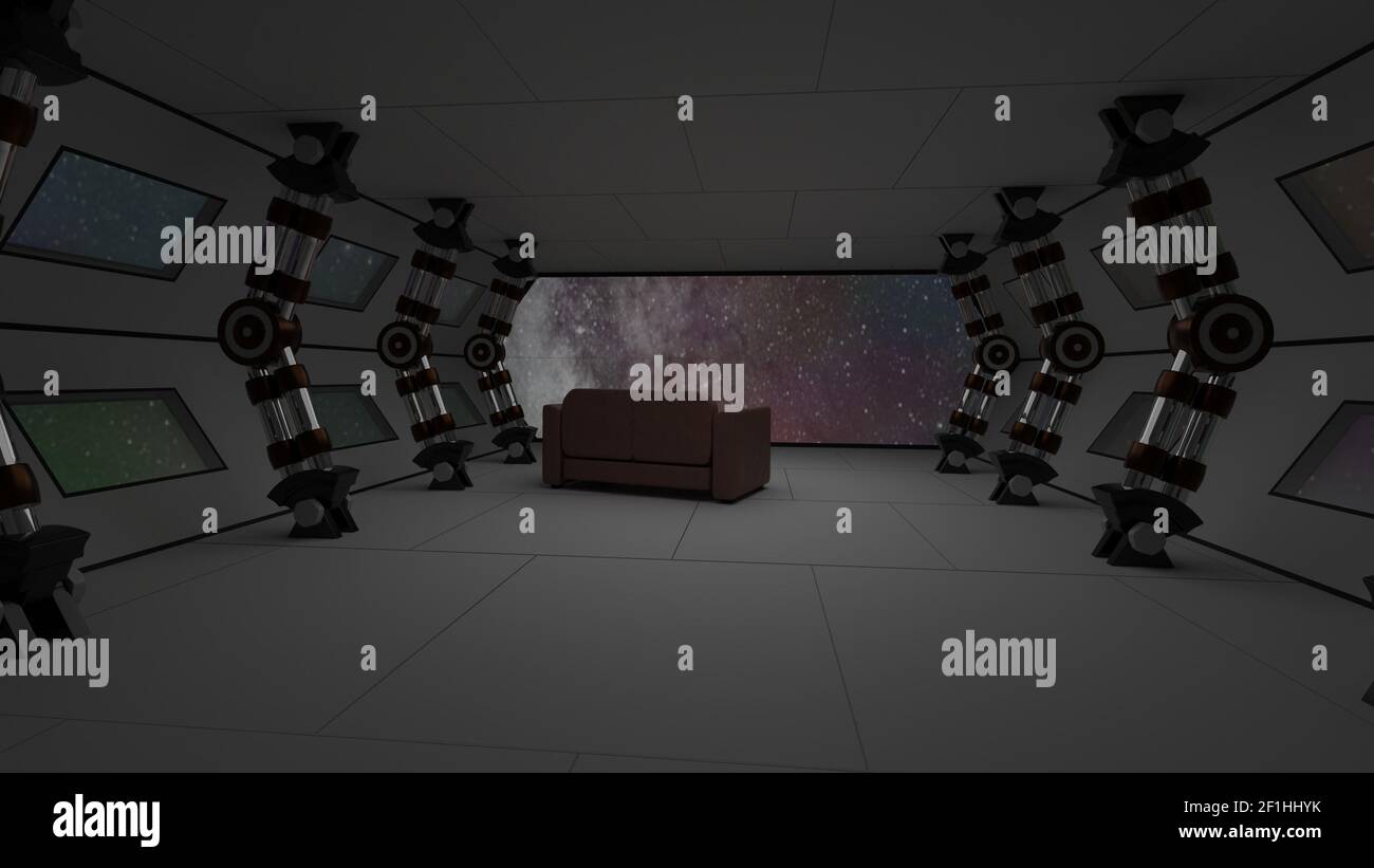 Raumschiff-Interieur mit relax Sofa Blick auf Raum und fernen Planeten System 3D illustration Stockfoto