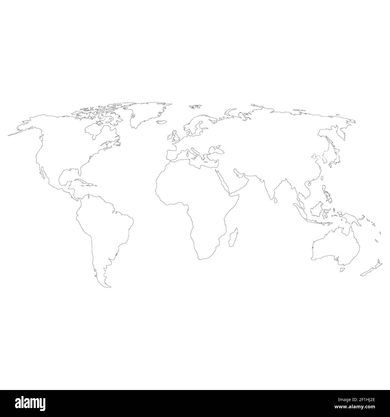 Umriss von Hand gezeichnete Weltkarte auf weißem Hintergrund. Handgezeichnete einfache stilisierte Weltkarte. Freihand-Weltkarte Skizzenschild. Flacher Stil. Stockfoto