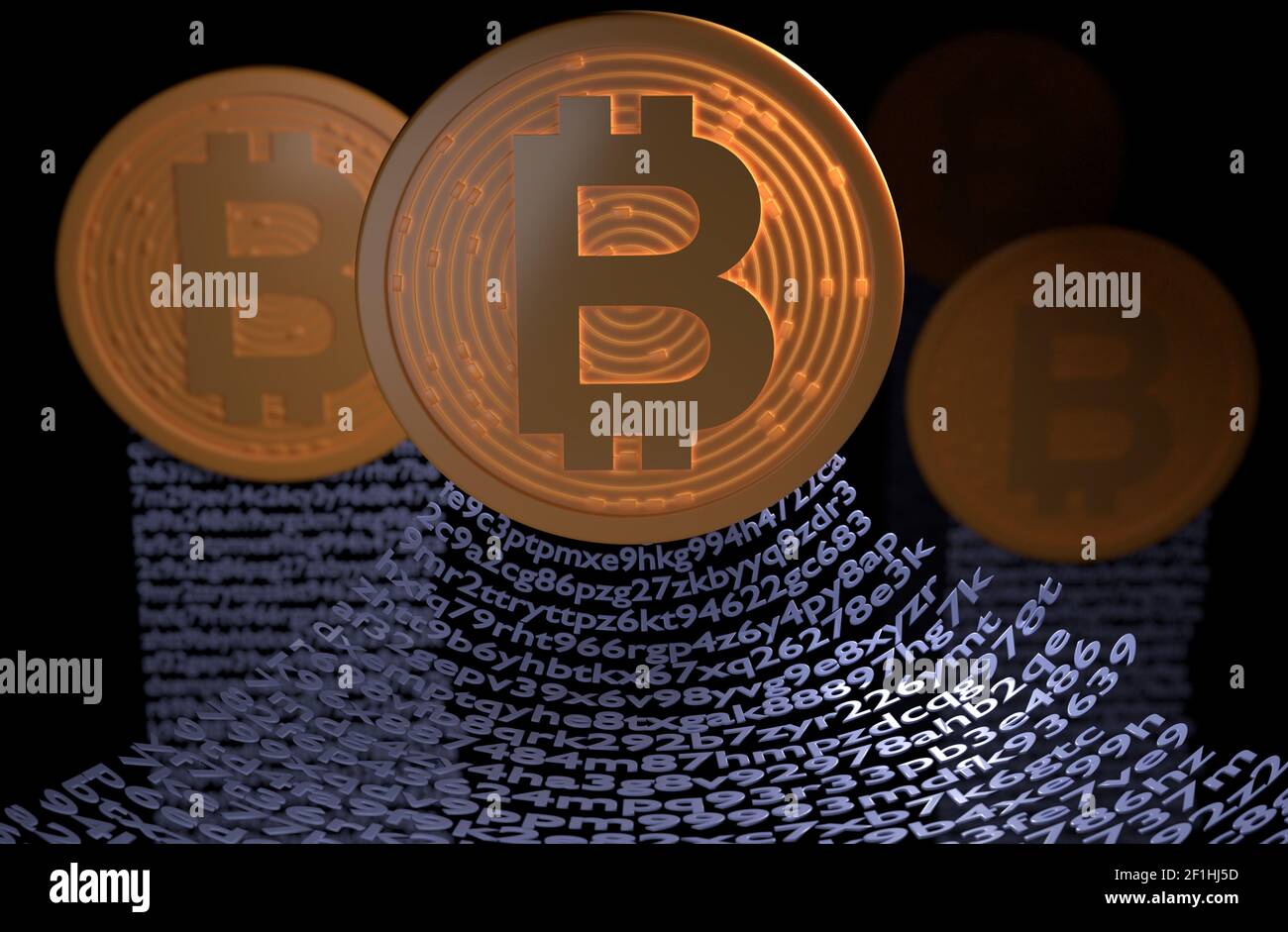 Bitcoin mit Blockchain-Konzept. Kette von Geldbörsen. 3D Abbildung Stockfoto
