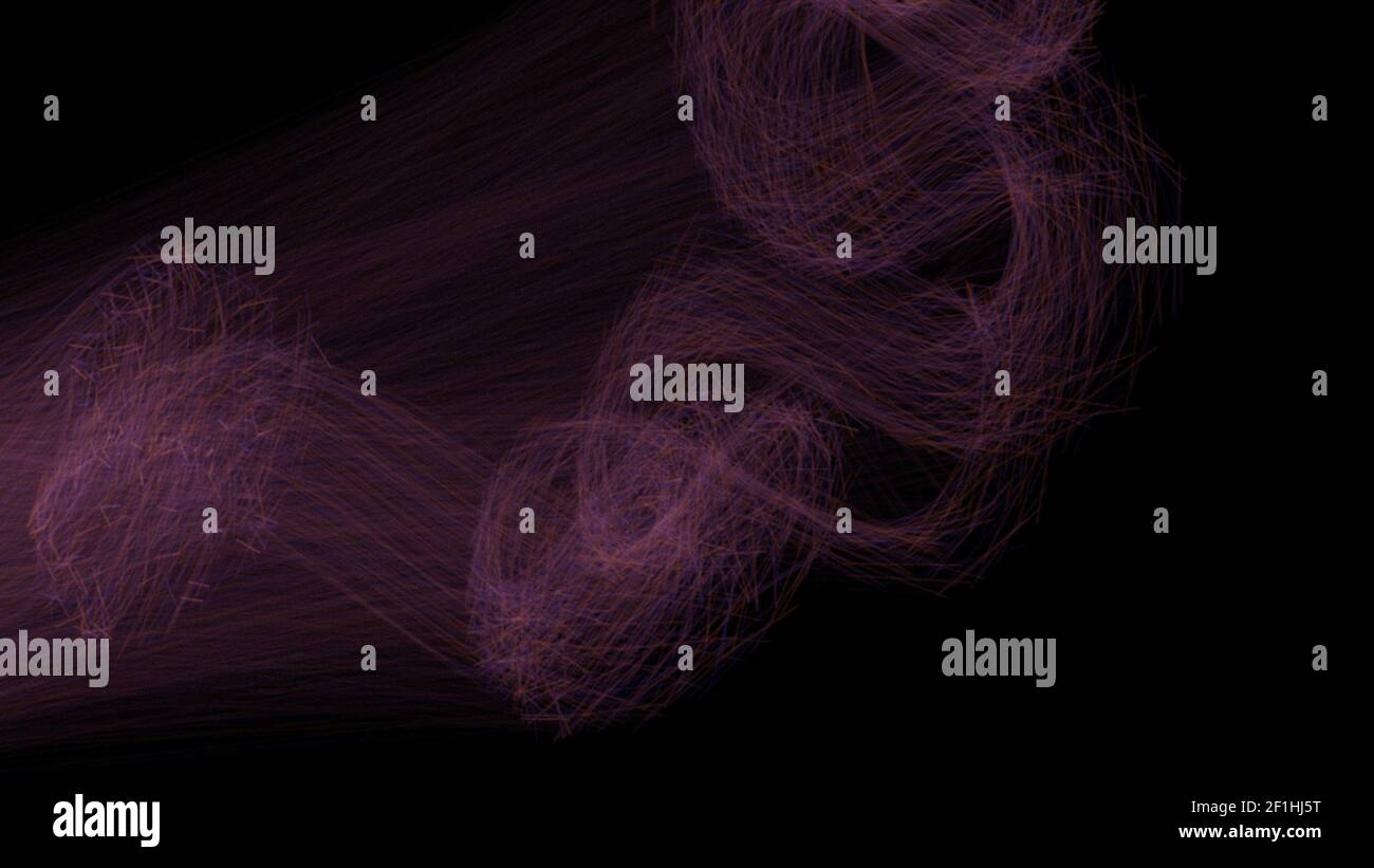 Welle der violetten und roten geschwungenen Linien. Abstrakt gewellte Streifen auf schwarzem Hintergrund isoliert. Kreative Linie Kunst 3D illu Stockfoto