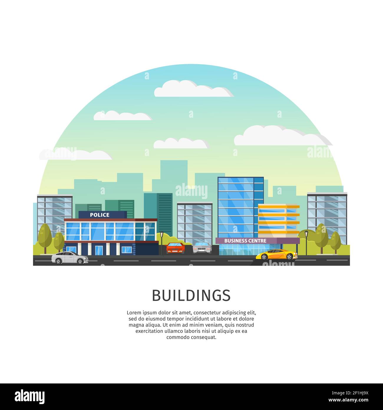 Moderne Stadtbild Vorlage mit Autos Straßenpolizei und Business-Center Vektordarstellung „Gebäude“ Stock Vektor