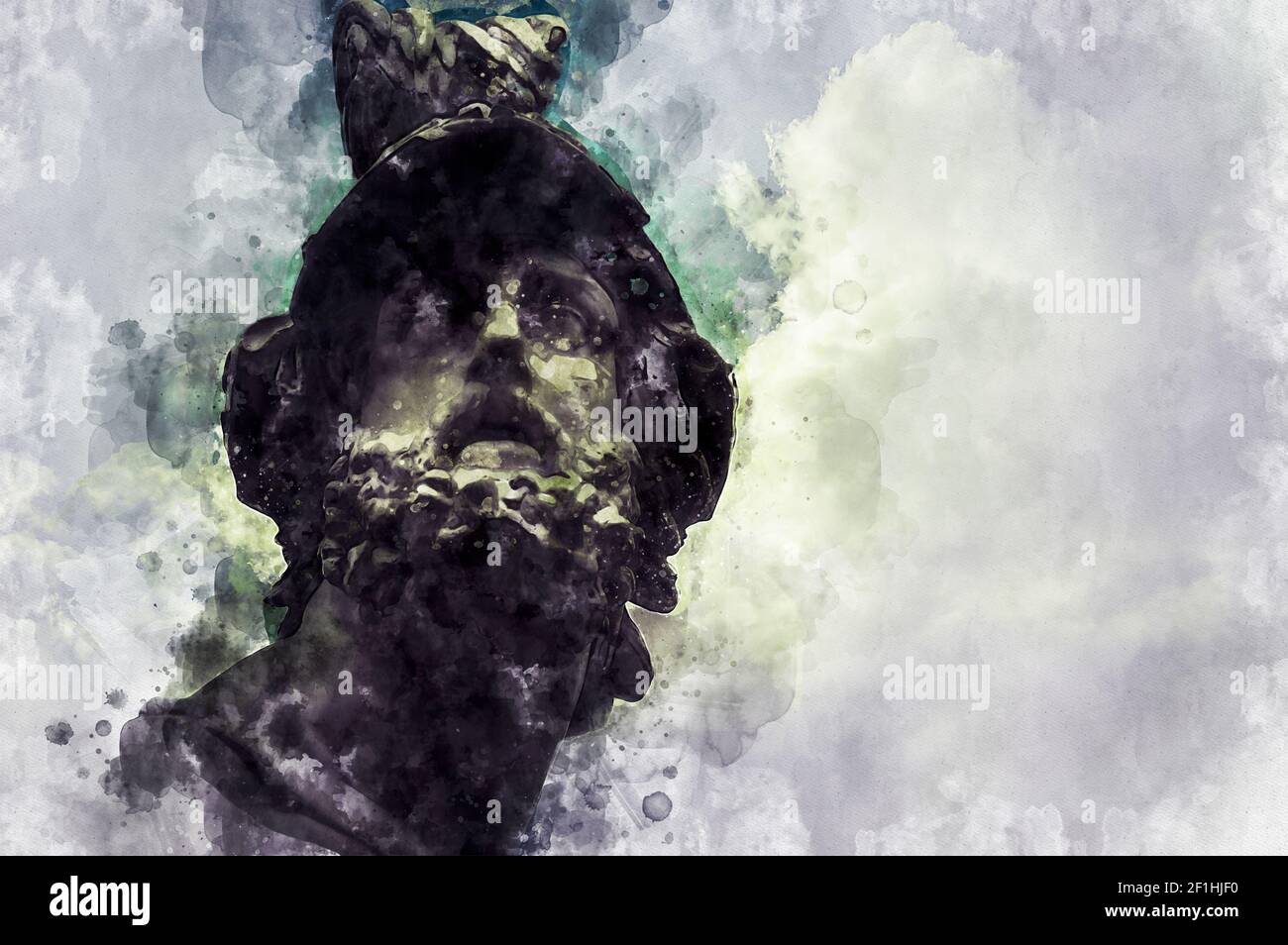 Aquarell, Pericles, klassische griechische Skulpturen über Wolken Hintergrund Stockfoto