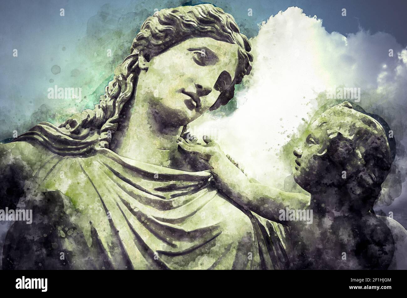Aquarell, Frau und Kind griechischen Skulpturen über Wolken Hintergrund Stockfoto