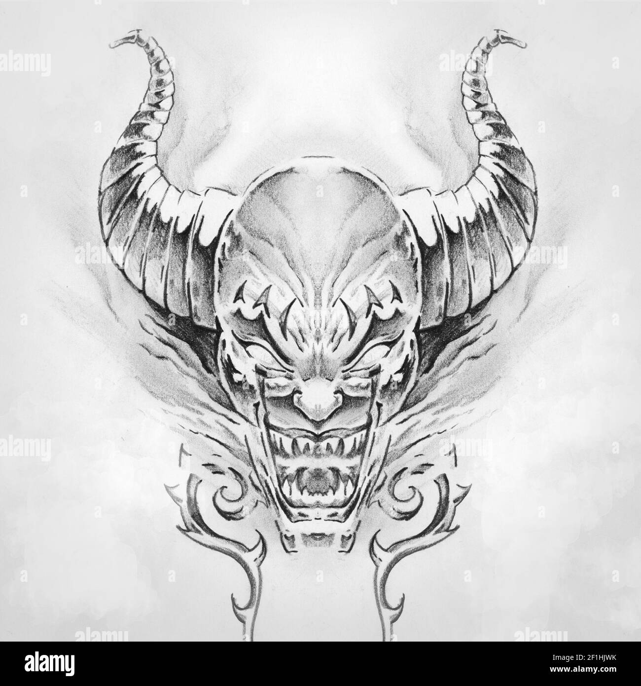 Teufel mit Hörnern, handgemachte Tattoo Zeichnung Stockfoto