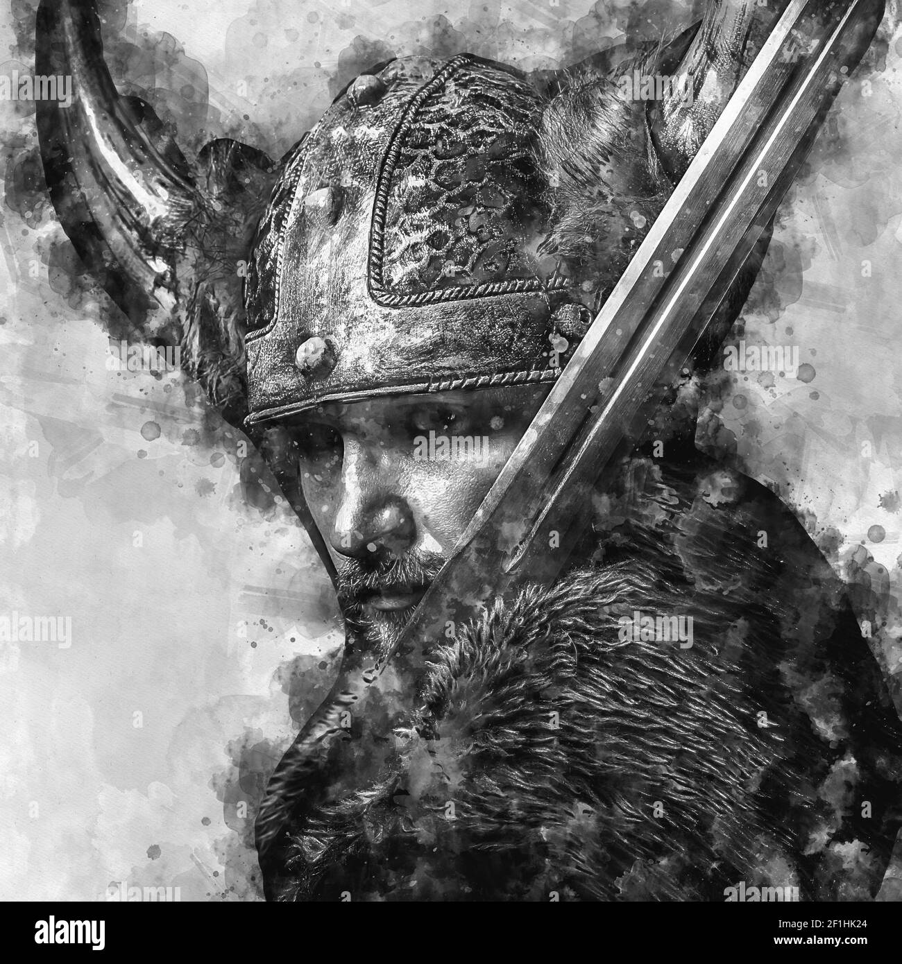 Aquarell, Schwert, Wikingerkrieger mit Helm über Waldhintergrund Stockfoto