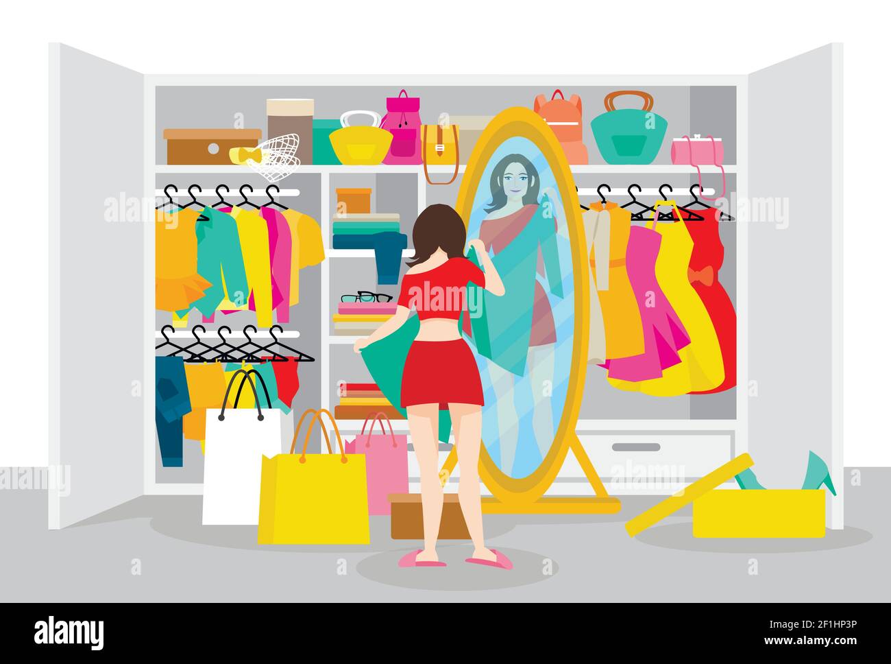 Bunte Mode-Konzept mit Mädchen versuchen, auf Kleidung nach dem Einkaufen  Vor dem Spiegel in der Nähe Kleiderschrank Vektor-Illustration  Stock-Vektorgrafik - Alamy