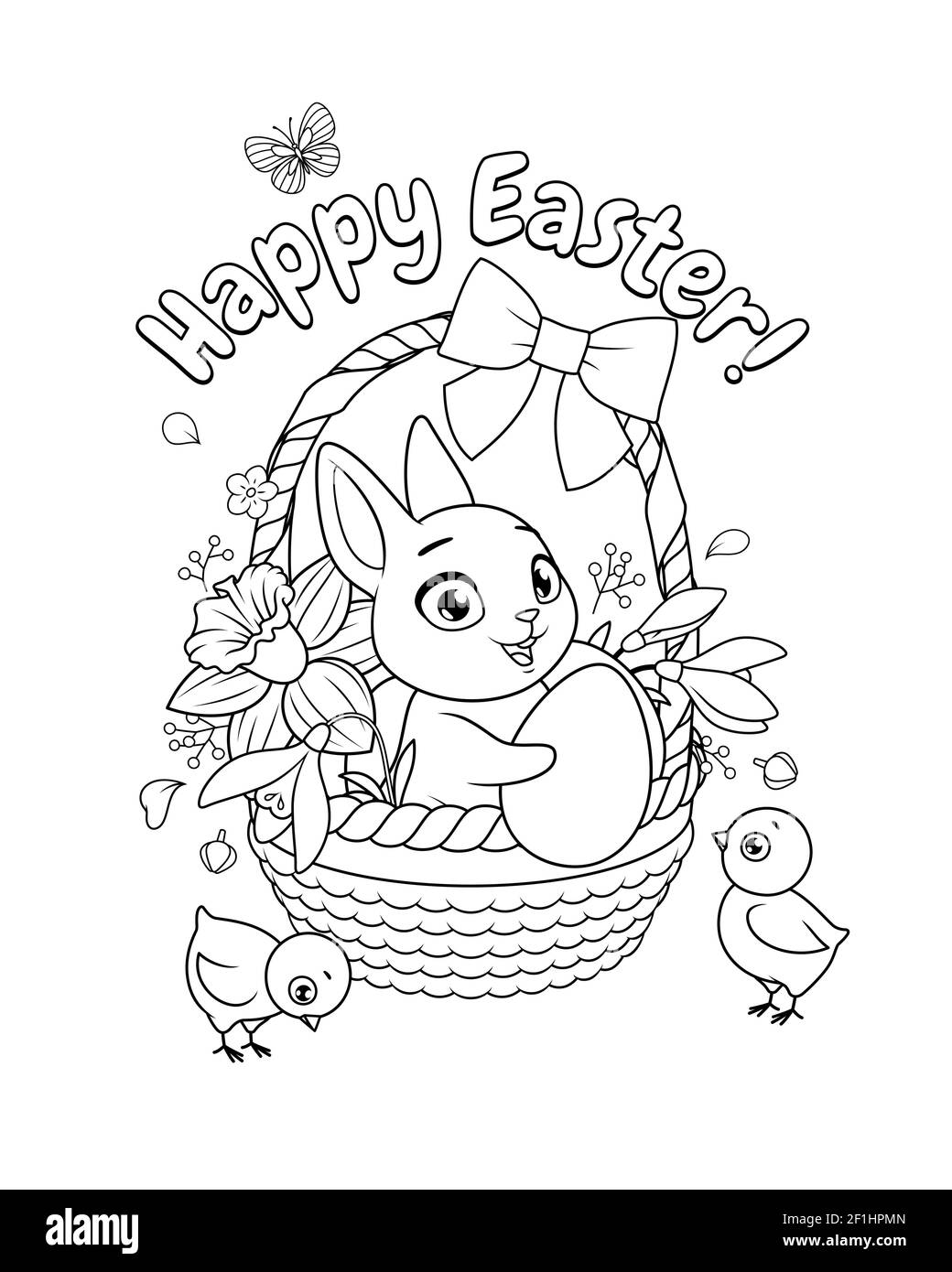 Hase und Küken mit Korb voller Blumen und Eier. Ostern Gruß mit Vektor-Illustration für das Ausmalen Buchseite. Stock Vektor