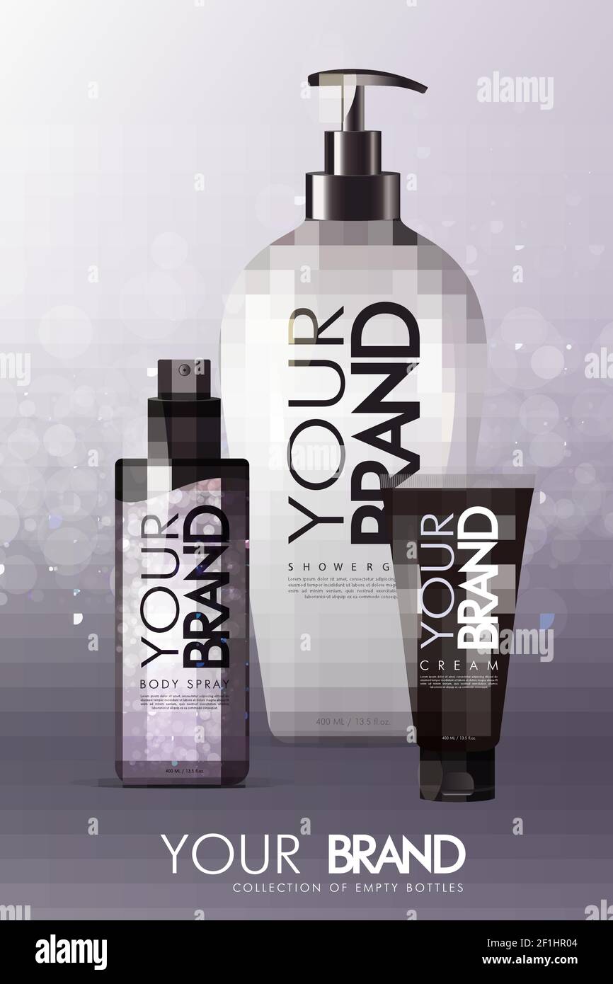 Realistische Hautpflege-ADS-Vorlage mit Kosmetik- und Hygieneprodukten Pakete auf hellem Hintergrund Vektorgrafik Stock Vektor