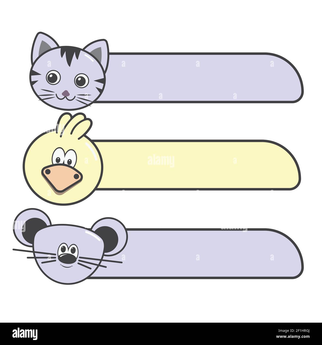 Set von Namenskarte für Kind auf weißem Hintergrund. Cute Cartoon Tier Doodle Sammlung. Kindergrafik. Kawaii. Bild für Geburtstagskarte, Poster, Aufkleber. Vect Stock Vektor