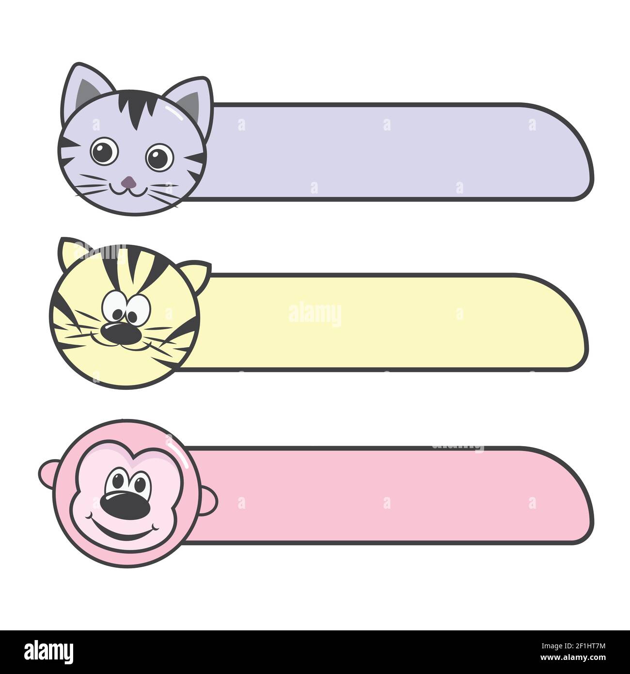 Set von Namenskarte für Kind auf weißem Hintergrund. Cute Cartoon Tier Doodle Sammlung. Kindergrafik. Kawaii. Bild für Geburtstagskarte, Poster, Aufkleber. Vect Stock Vektor