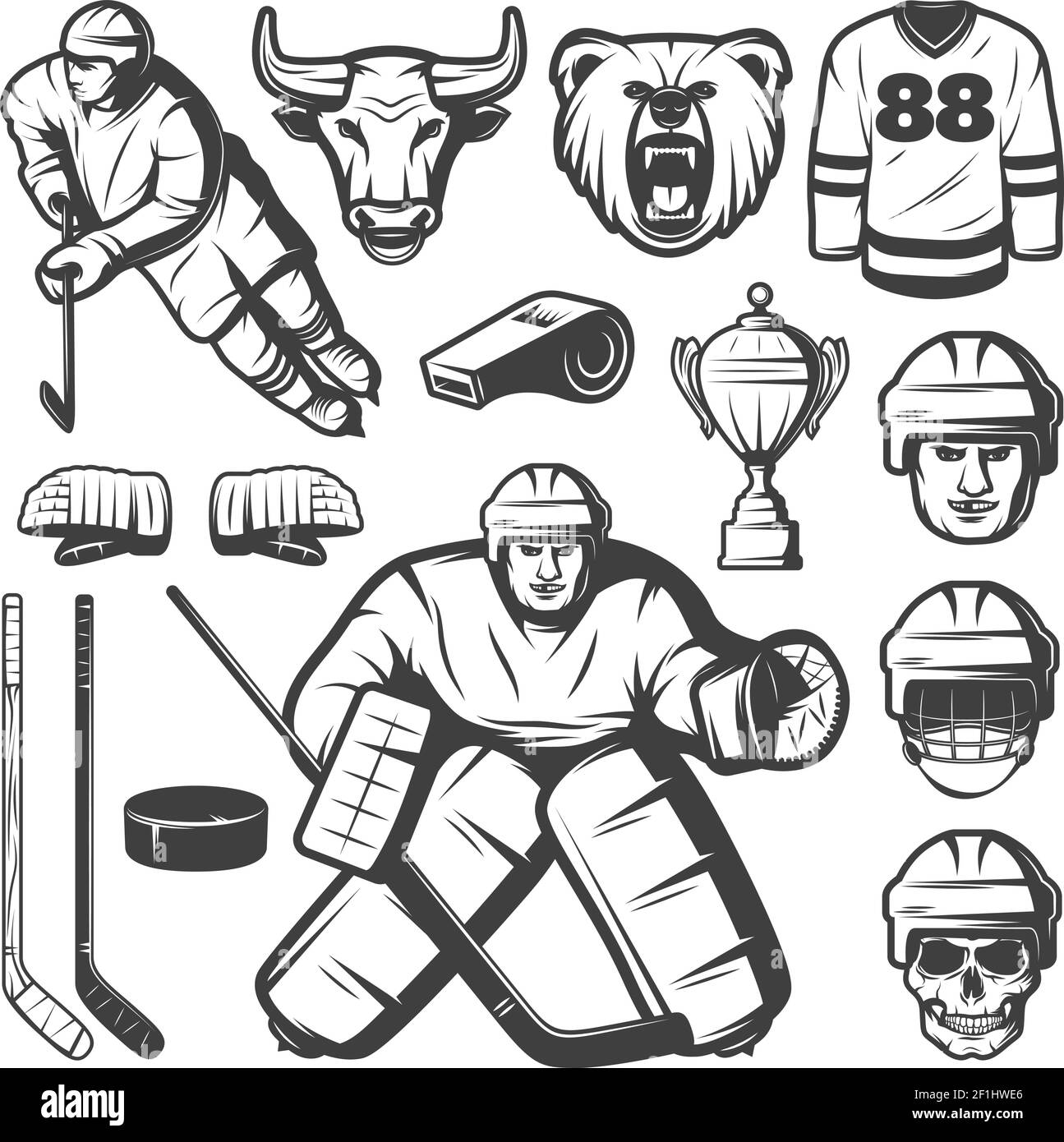 Set von isolierten monochromen vintage Hockey Liga Emblem Elemente mit Spieler Zeichen Munition Maskottchen und Tasse Vektor Illustration Stock Vektor