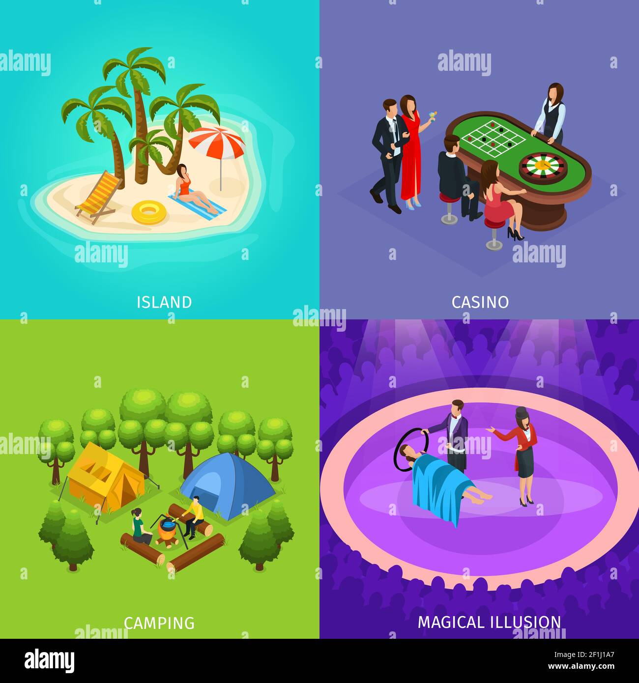Isometrische Menschen Erholung Konzept mit tropischen Strand Urlaub Camping Magie Zeige Casino und Glücksspiel Vektor Illustration Stock Vektor