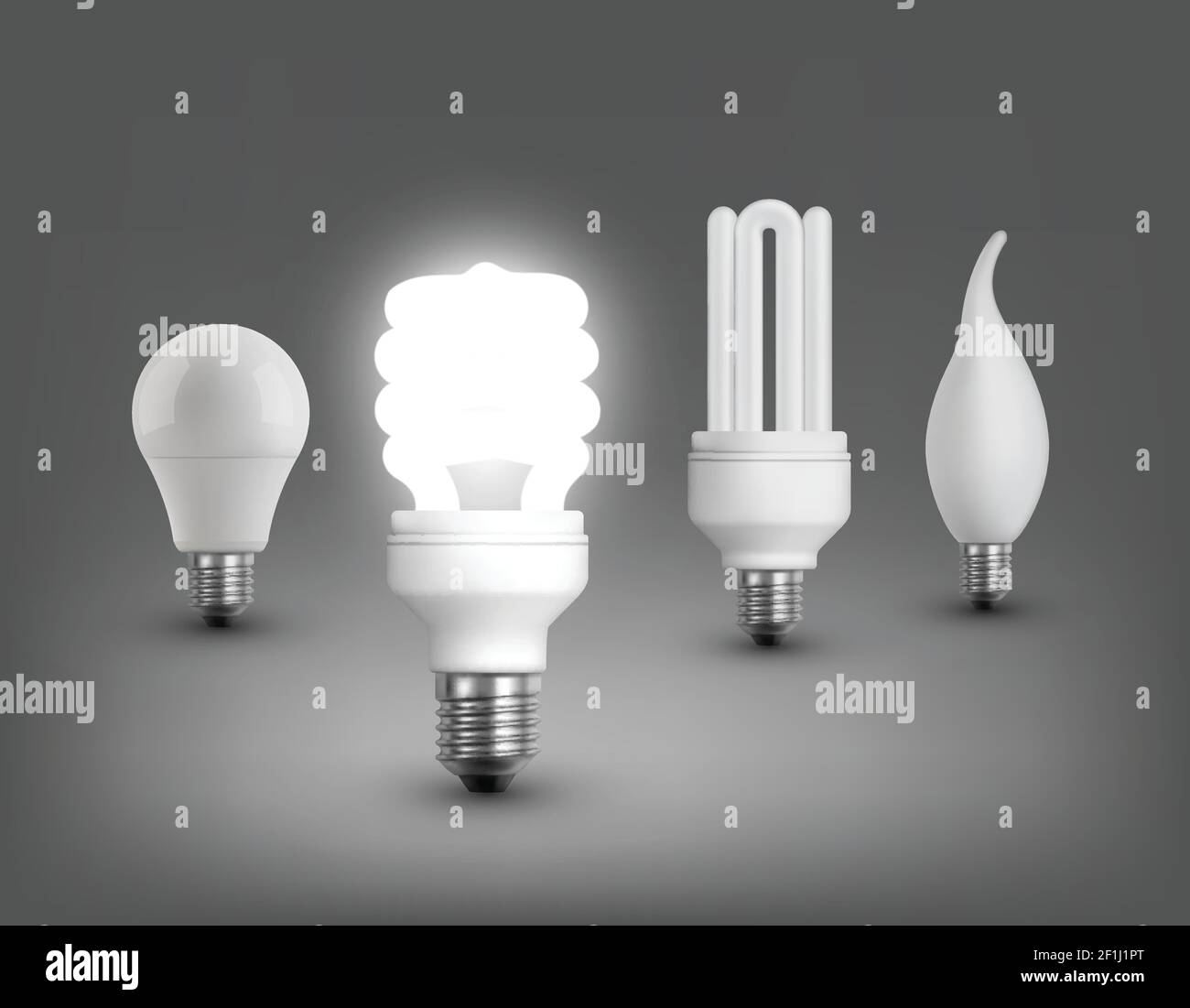 Realistische Lampen Kollektion mit LED Glühlampen Halogen und Leuchtstofflampen Elektrische Lampen isoliert Vektor-Abbildung Stock Vektor