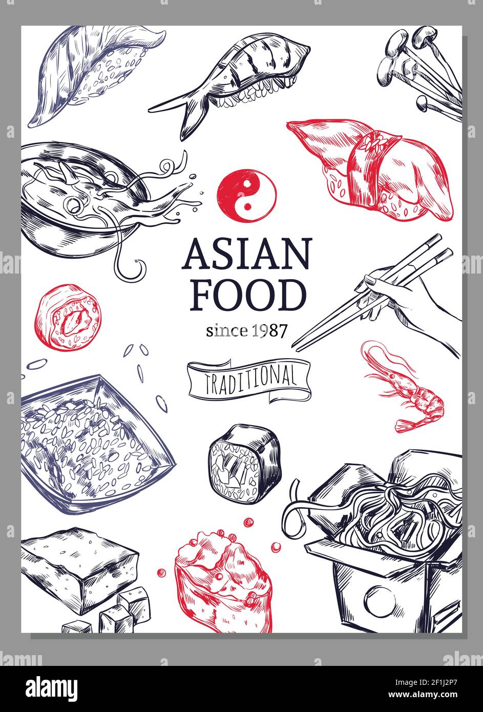 Skizzenposter der asiatischen Küche mit traditioneller japanischer küche Und Teller Vektorgrafik Stock Vektor
