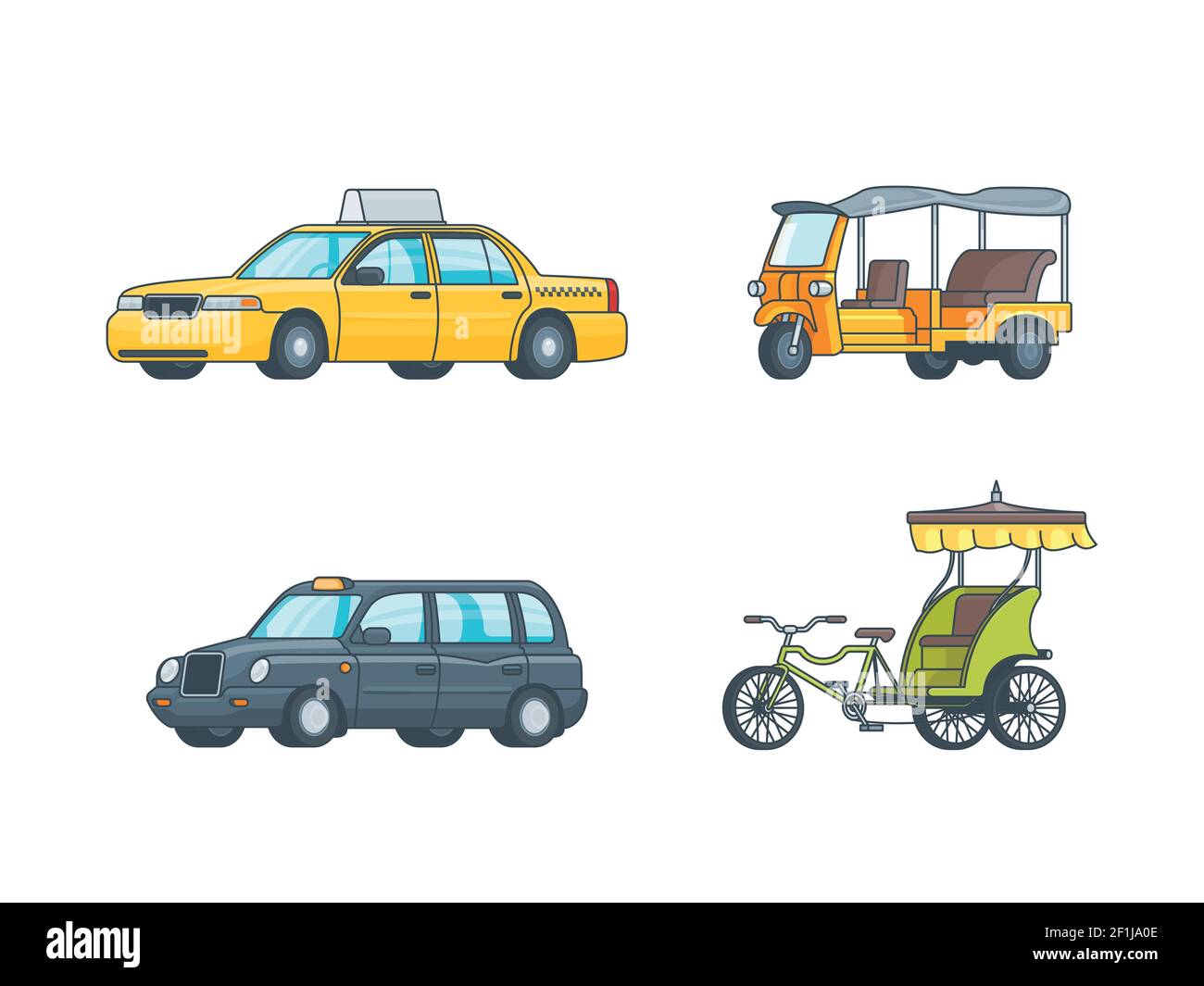 Bunte Taxi Transport Sammlung mit Limousine Minivan Tuk Tuk in Thailand und indische Rikscha isoliert Vektor-Illustration Stock Vektor