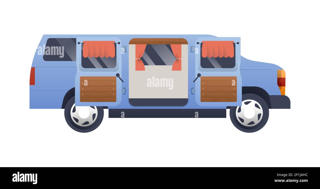 Seitenansicht von Wohnmobil-Van, Wohnmobil rv Fahrzeug auf isoliertem weißen Hintergrund. Moderne flache Cartoon-Illustration für Outdoor-Camping-Abenteuer oder Zinn Stock Vektor