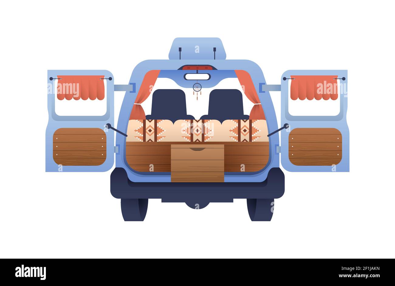 Rückansicht von Wohnmobil, Wohnmobil RV Fahrzeug auf isoliertem weißen Hintergrund. Moderne flache Cartoon-Illustration für Outdoor-Camping-Abenteuer oder Zinn Stock Vektor