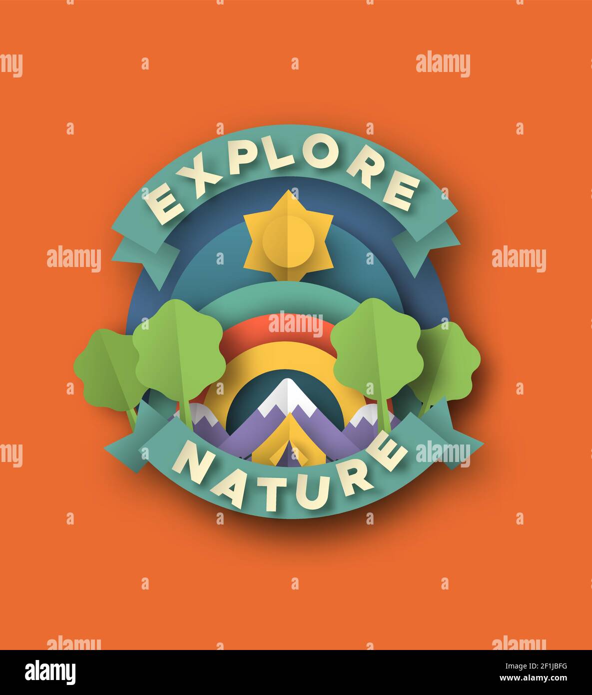 Entdecken Sie Natur Zitat Etikett in 3D Papier geschnitten Handwerk Stil. Outdoor Reise Illustration mit Papierschnitt Zelt, Bergwald und Regenbogenhimmel. Buntes chil Stock Vektor