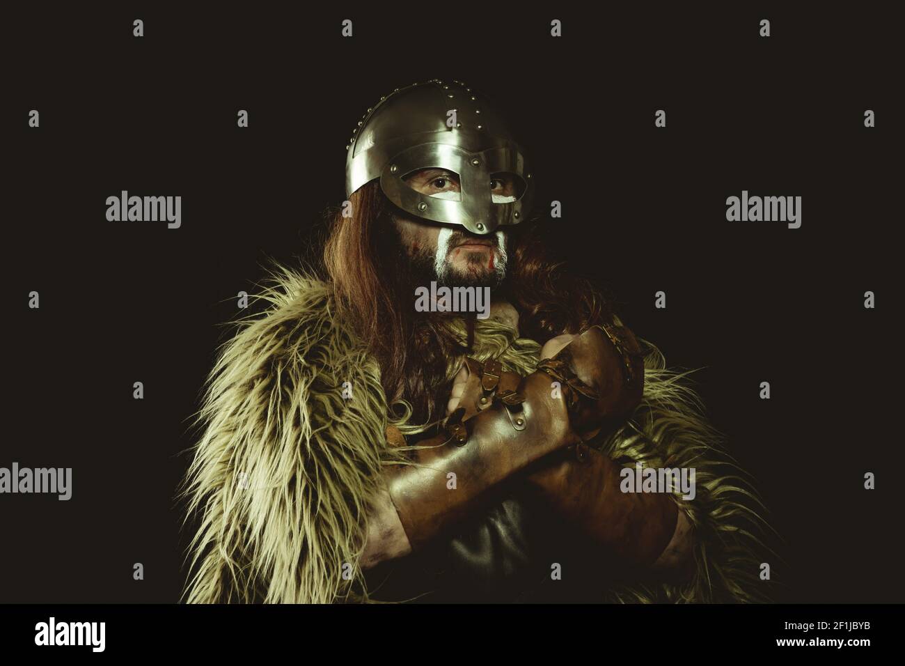 Wikinger Krieger mit metallischem Helm und Tierfellen. Lederhandschuhe, roter Holzschild mit goldenen Verzierungen und Stahlschwert Stockfoto