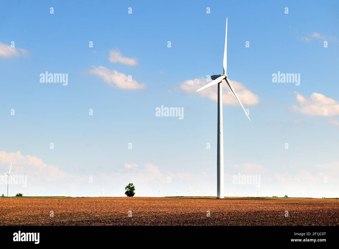 Malta, Illinois, USA. Eine Windturbine dominiert einen Abschnitt eines großen Feldes von noch zu sehenden Kulturen. Stockfoto