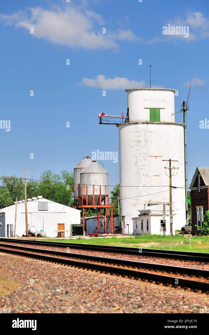 Malta, Illinois, USA. Ein ehrwürdiger und unverwechselbarer Getreidespeicher-Aufzug entlang der Bahngleise in einer kleinen Gemeinde in Illinois. Stockfoto
