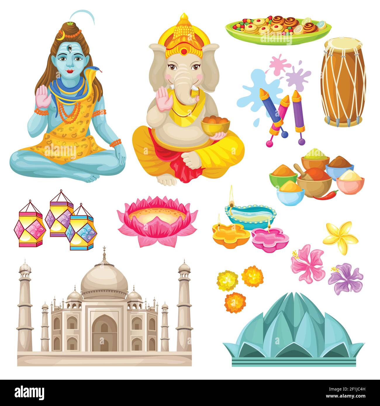 Farbenfrohe indische Kulturelemente mit Shiva Ganesha Gods Süßigkeiten Laternen diya Gebäude Gewürze Feuerwerk Trommeln Blumen isoliert Vektor illustratio Stock Vektor