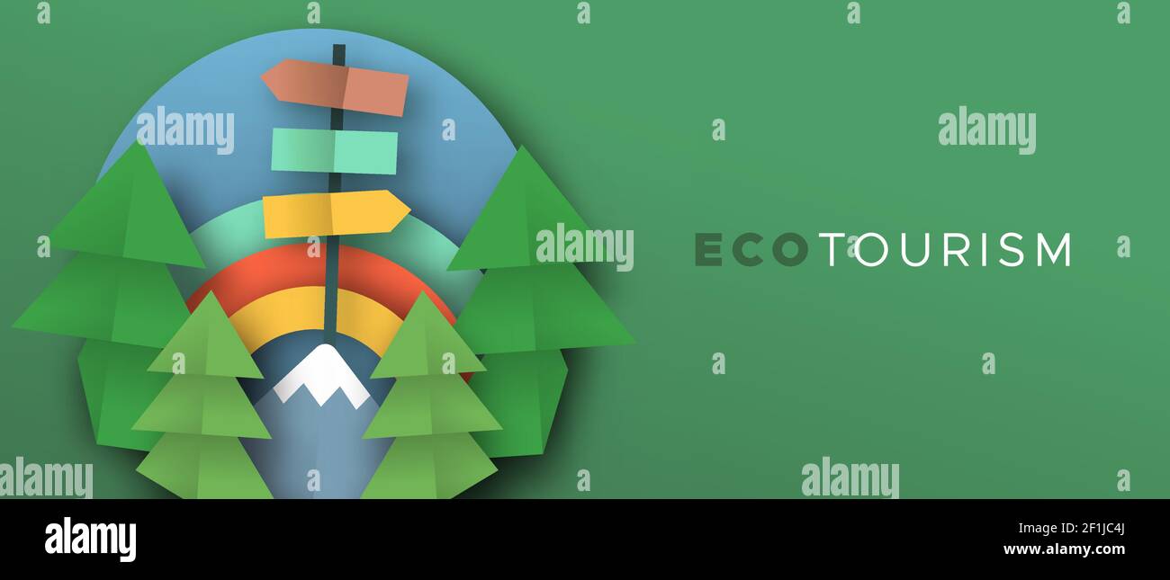 Eco Tourismus Banner Illustration in 3D Papier geschnitten Handwerk Stil. Outdoor Reise Illustration mit Papierschnitt Bergwald, Bäume und Regenbogenhimmel. Grün n Stock Vektor
