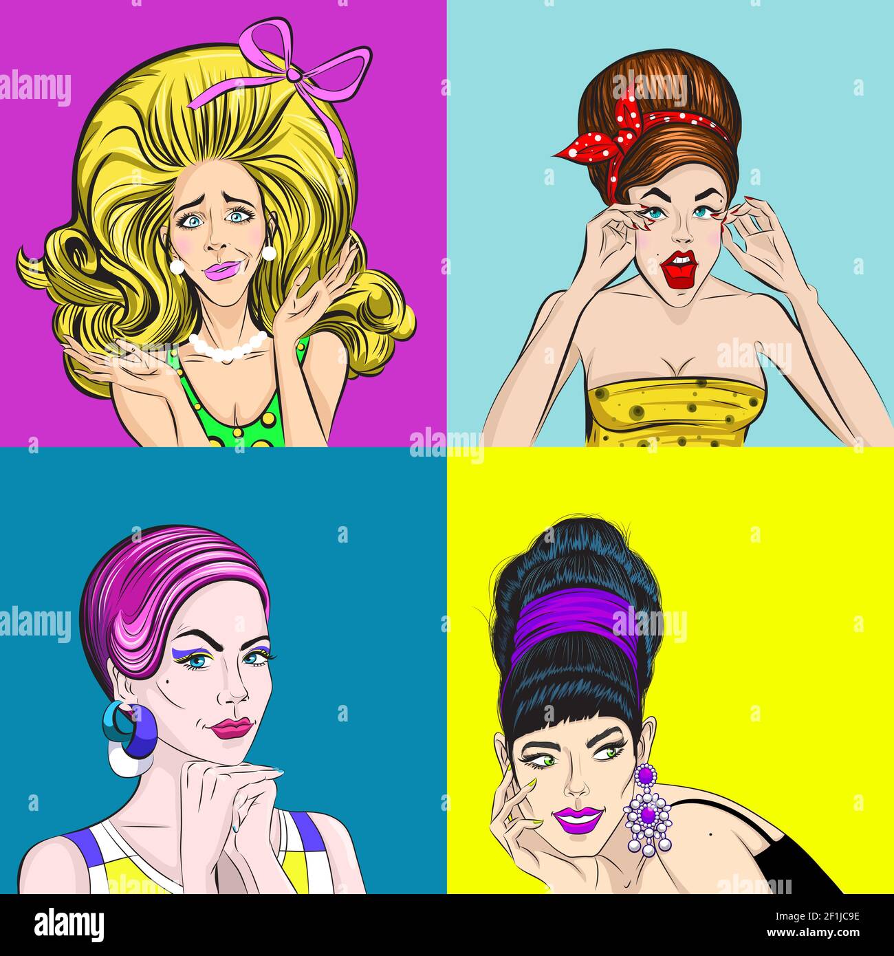 Pop Art schöne Frauen Quadrat Konzept mit verschiedenen Haarfarbe Und Emotionen in verschiedenen Kleidern Vektor-Illustration Stock Vektor