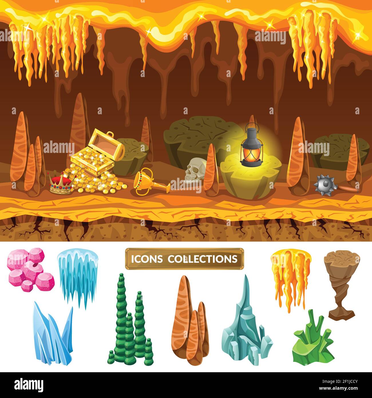 Bunte isometrische Spiel Schatzhöhle Konzept mit Brust Goldmünzen cup Schädel Laterne Mace natürliche Elemente Vektor Illustration Stock Vektor