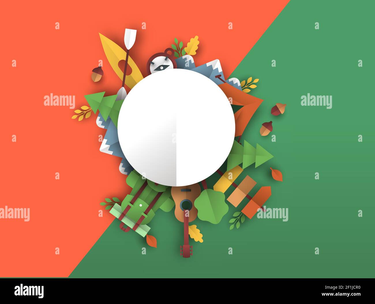 Eco Tourismus Hintergrund Vorlage mit Outdoor-Reise-Icons in 3D papercut Handwerk Stil. Buntes Camping-Abenteuer oder Sommercamp-Urlaubskonzept. Empt Stock Vektor