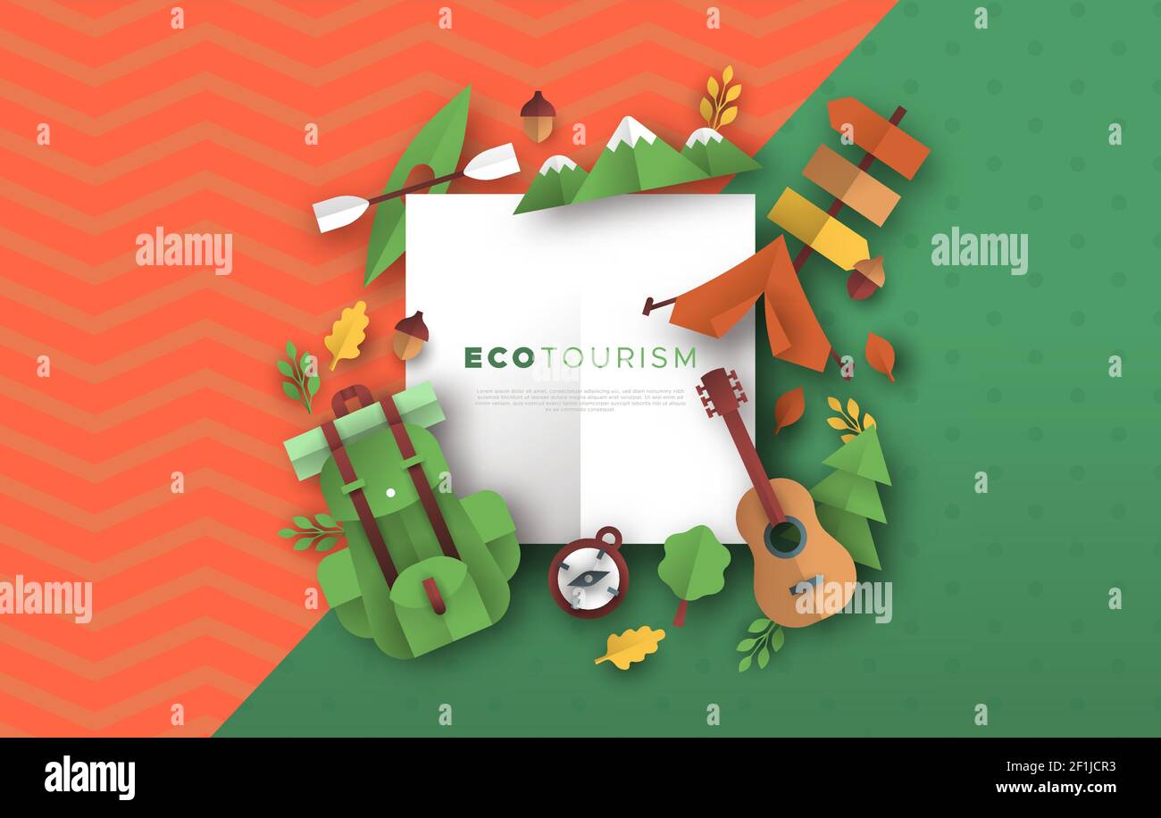 Eco Tourismus Rahmenvorlage mit Outdoor-Reise-Ikonen in 3D papercut Handwerk Stil. Bunte Camping Abenteuer oder Sommercamp Urlaub Konzept Papier geschnitten Stock Vektor
