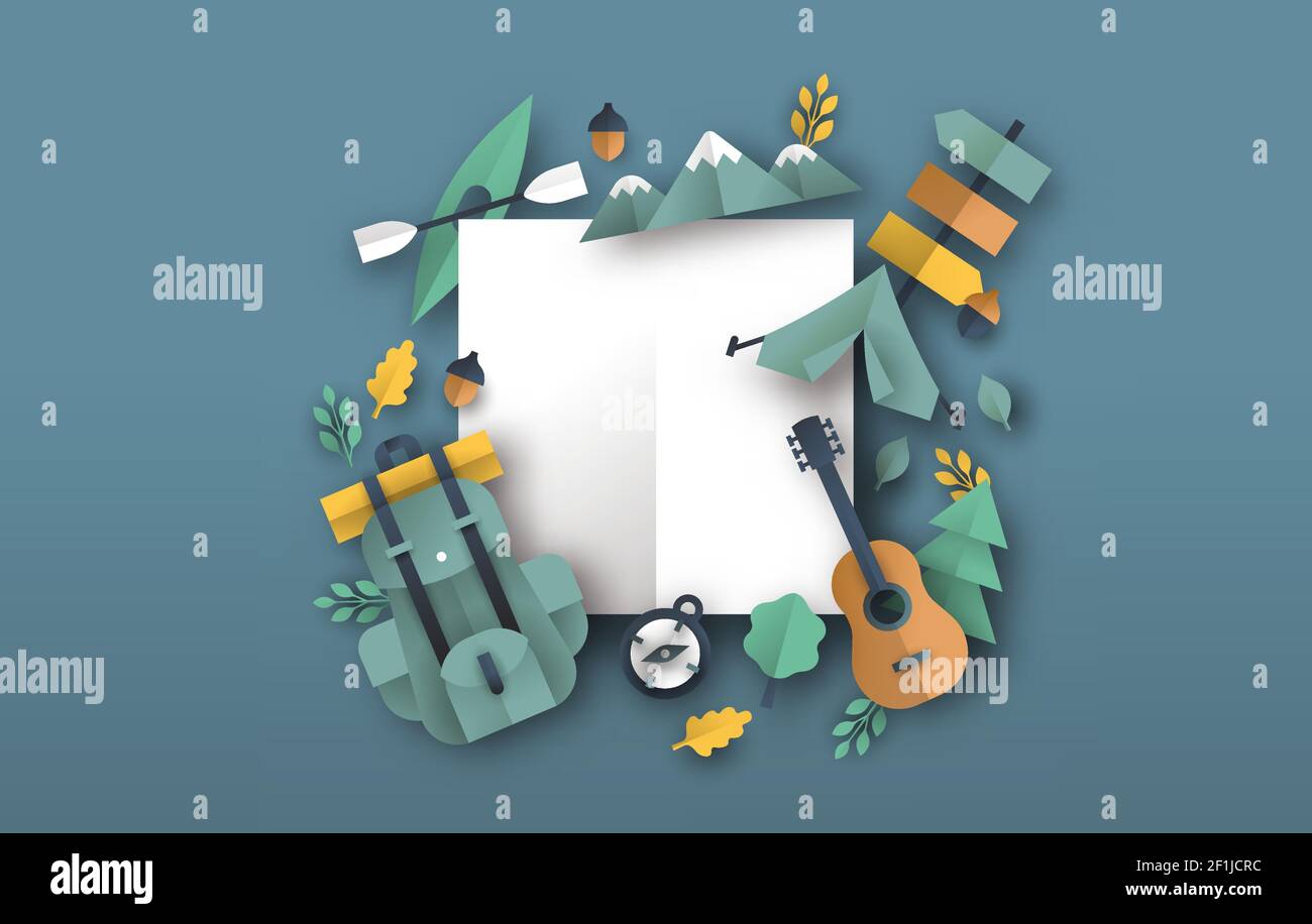 Eco Tourismus Hintergrund Vorlage mit Outdoor-Reise-Icons in 3D papercut Handwerk Stil. Camping Abenteuer oder Sommercamp Urlaubskonzept. Leere Kopie sp Stock Vektor