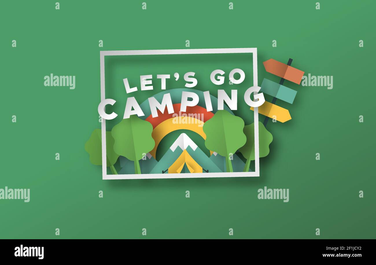 Gehen wir Camping Zitat in 3D Papier geschnitten Handwerk Stil. Outdoor Reise Illustration mit Papierschnitt Zelt, Berg-und Naturlandschaft. Bunte Kinder s Stock Vektor