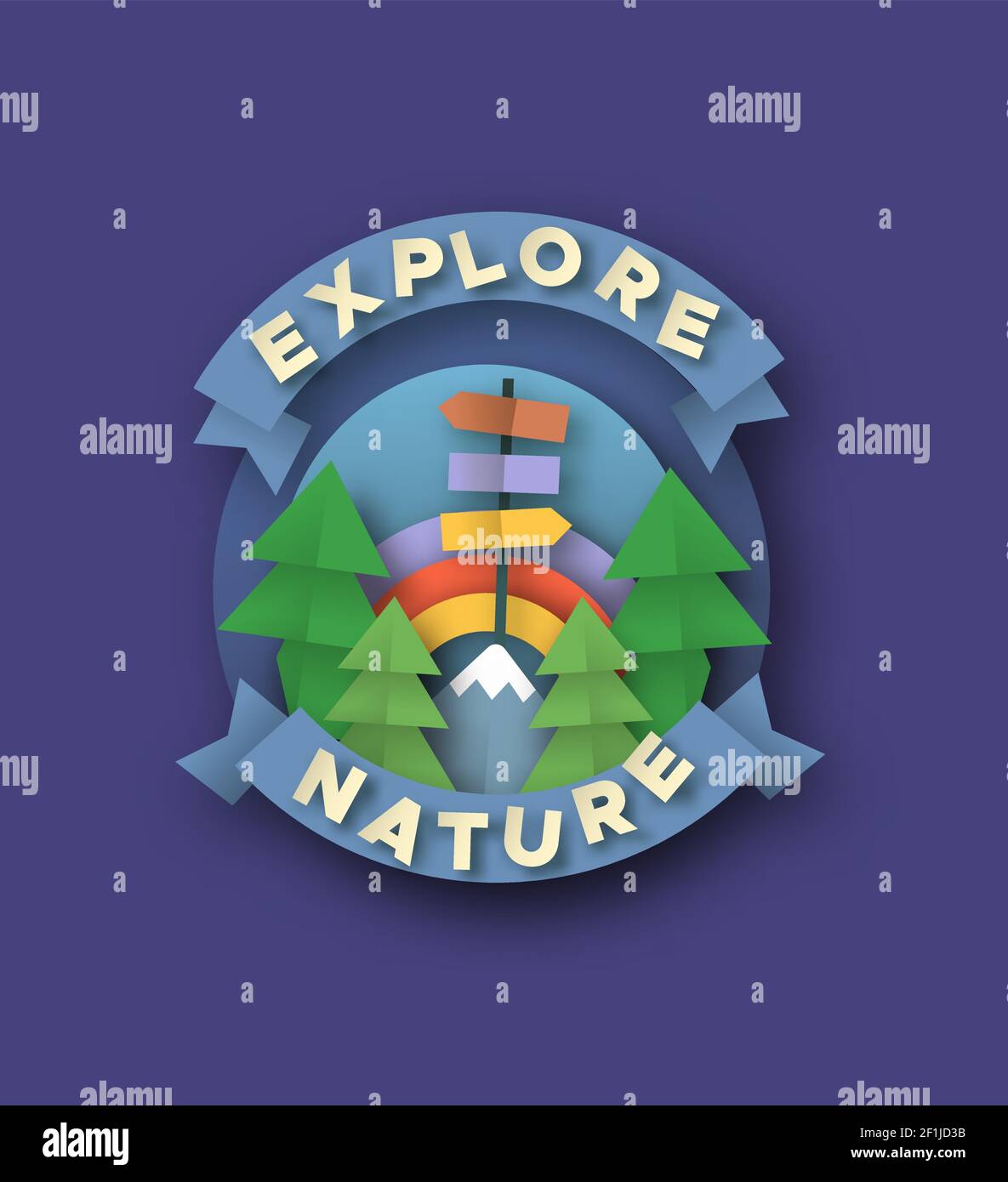 Entdecken Sie Natur Zitat Etikett in 3D Papier geschnitten Handwerk Stil. Outdoor Reise Illustration mit papercut Kiefer, Berg und Regenbogen Himmel. Farbenfrohe Kinder Stock Vektor