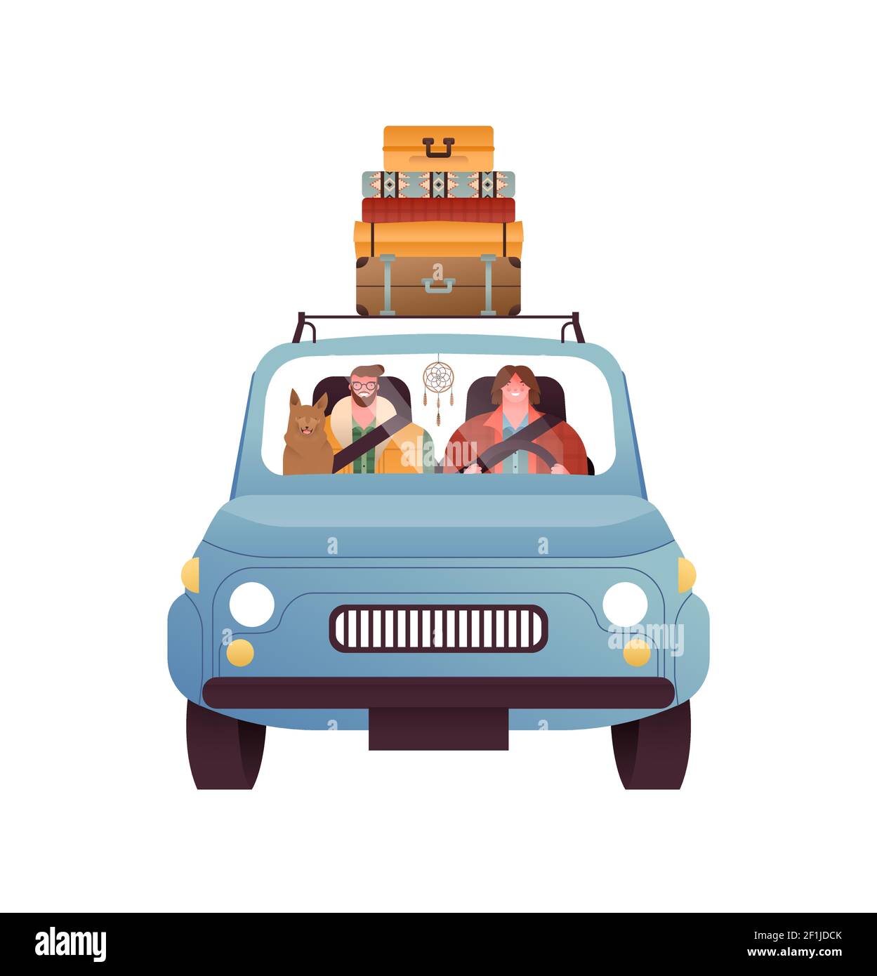 Glücklicher Mann und Frau fahren Oldtimer mit Urlaub Koffer, Haustier Hund auf isolierten weißen Hintergrund. Road Trip Reisekonzept. Stock Vektor