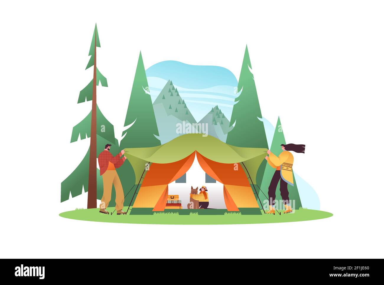 Glückliche Mutter, Vater, Tochter und Haustier Hund Familie Einstellung Camping Zelt. Öko-Tourismus oder Outdoor-Reisekonzept auf isoliertem Hintergrund. Stock Vektor