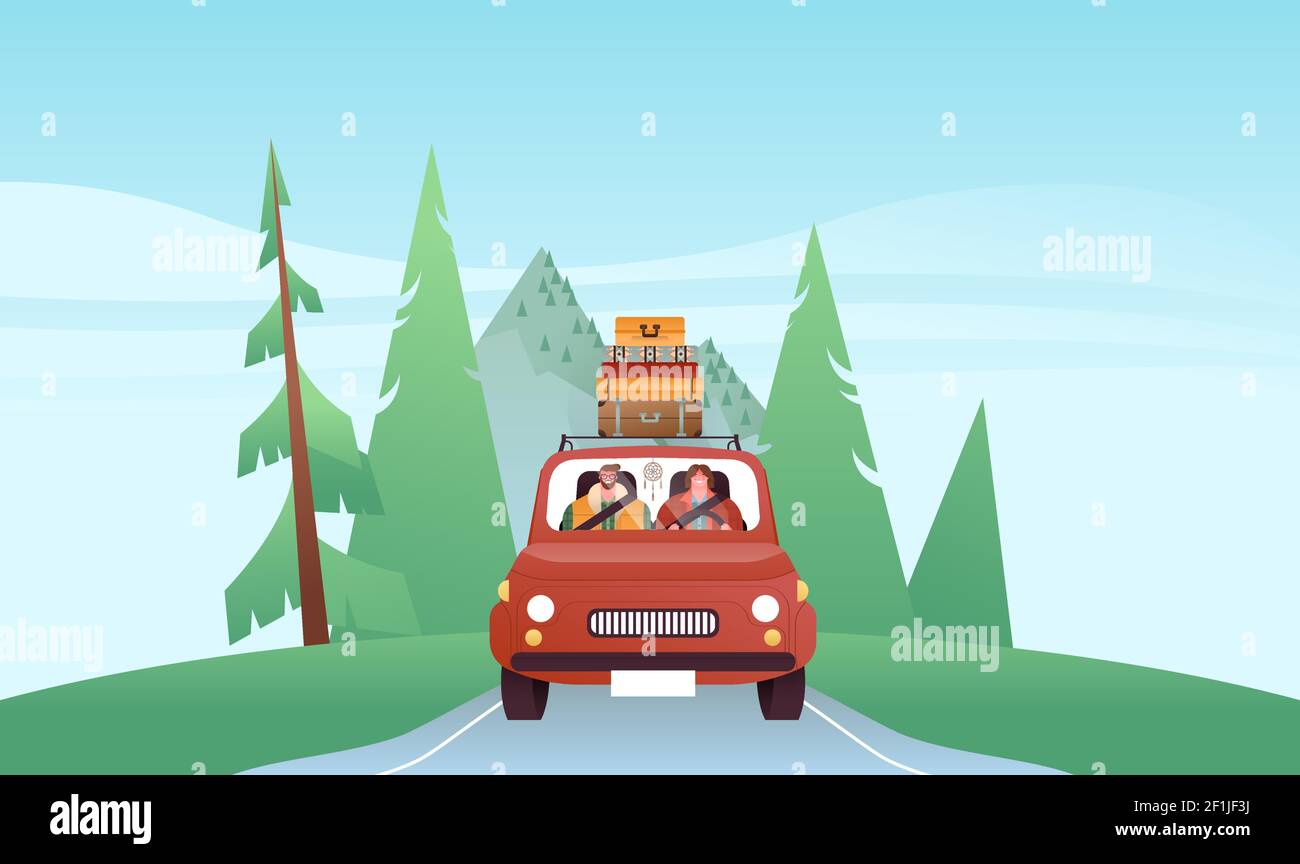 Glücklicher Mann und Frau Auto fahren in der Vorderansicht, Retro-Fahrzeug auf Bergwald Landschaft Hintergrund. Moderne flache Cartoon Figur Illustration für r Stock Vektor