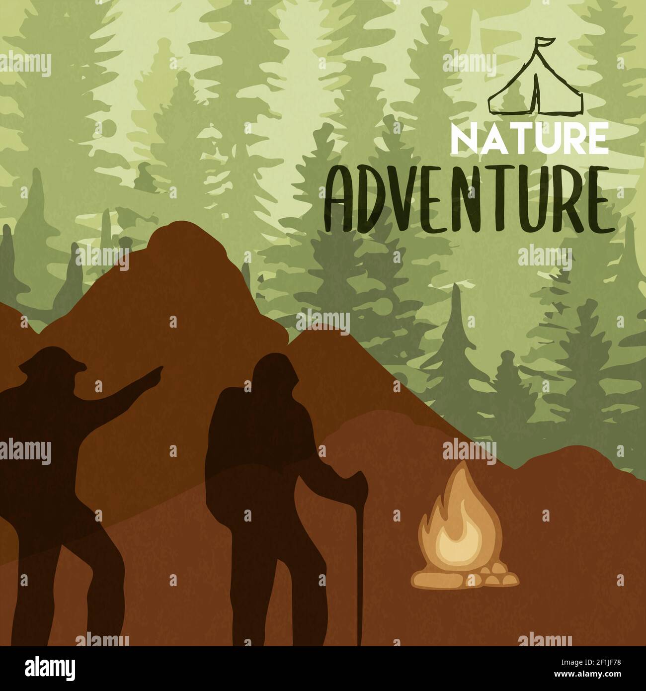 Natur Abenteuer Illustration von Menschen und Camping Lagerfeuer in grünen Baum Waldlandschaft. Umweltfreundliches Tourismus- oder Outdoor-Sportkonzept. Stock Vektor