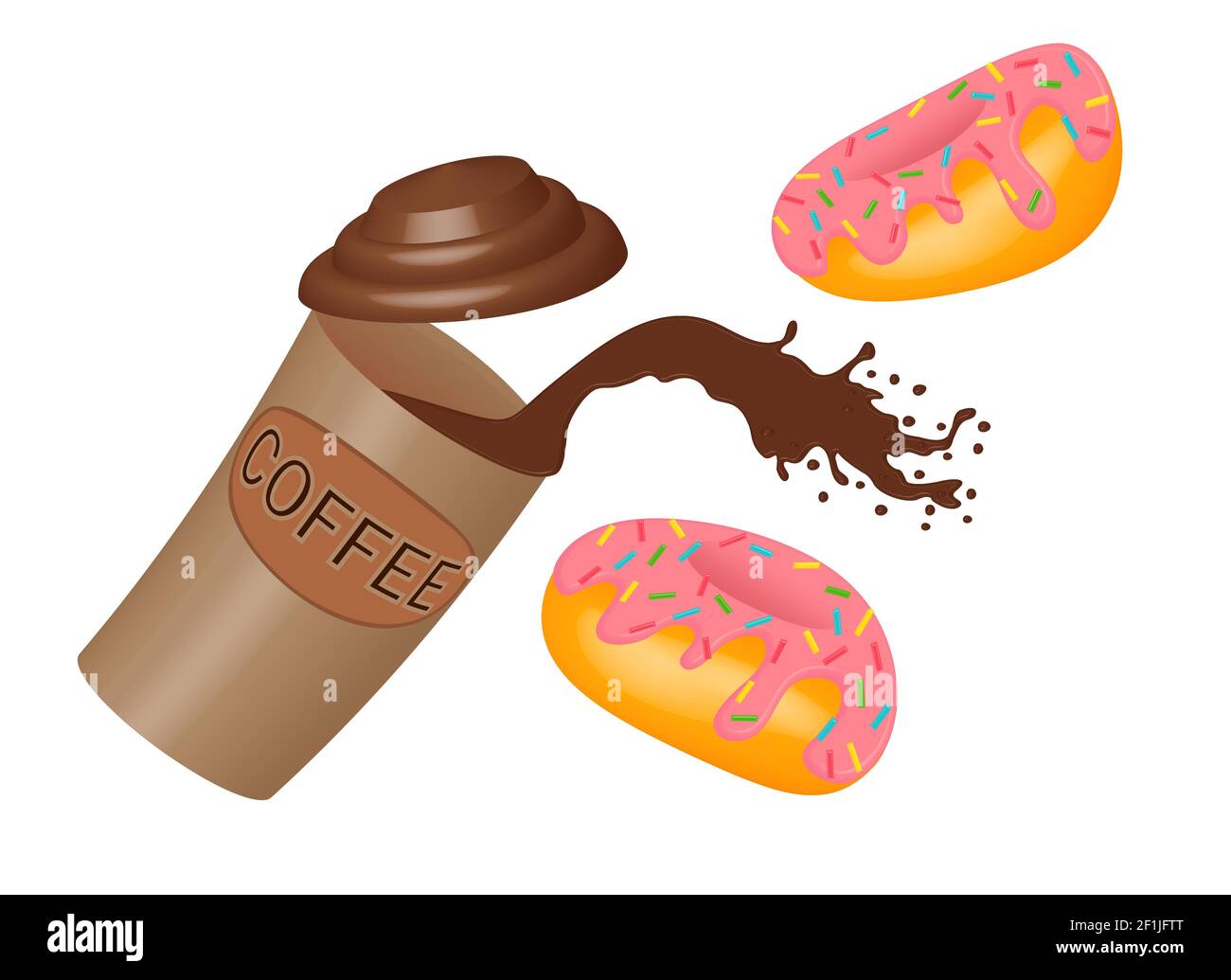 Spritzer Kaffee in einer Papiertasse und Donuts mit rosa Vereisung. Essen zum Mitnehmen, ein Spritzer heißer Schokolade aus einem Einwegbecher und fliegende Karamell-Donuts Stockfoto