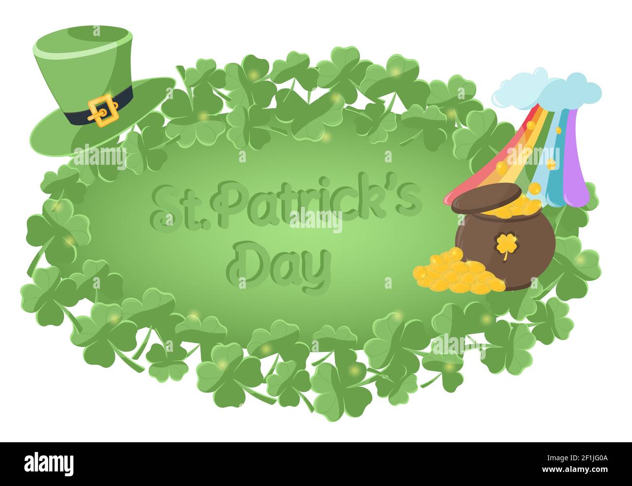 Festlicher Hintergrund für St. Patrick's Day Feier. Postkarte, Poster oder Einladungsflyer mit grünem Kobold-Hut, Kleeblatt, Topf mit Gold Stockfoto