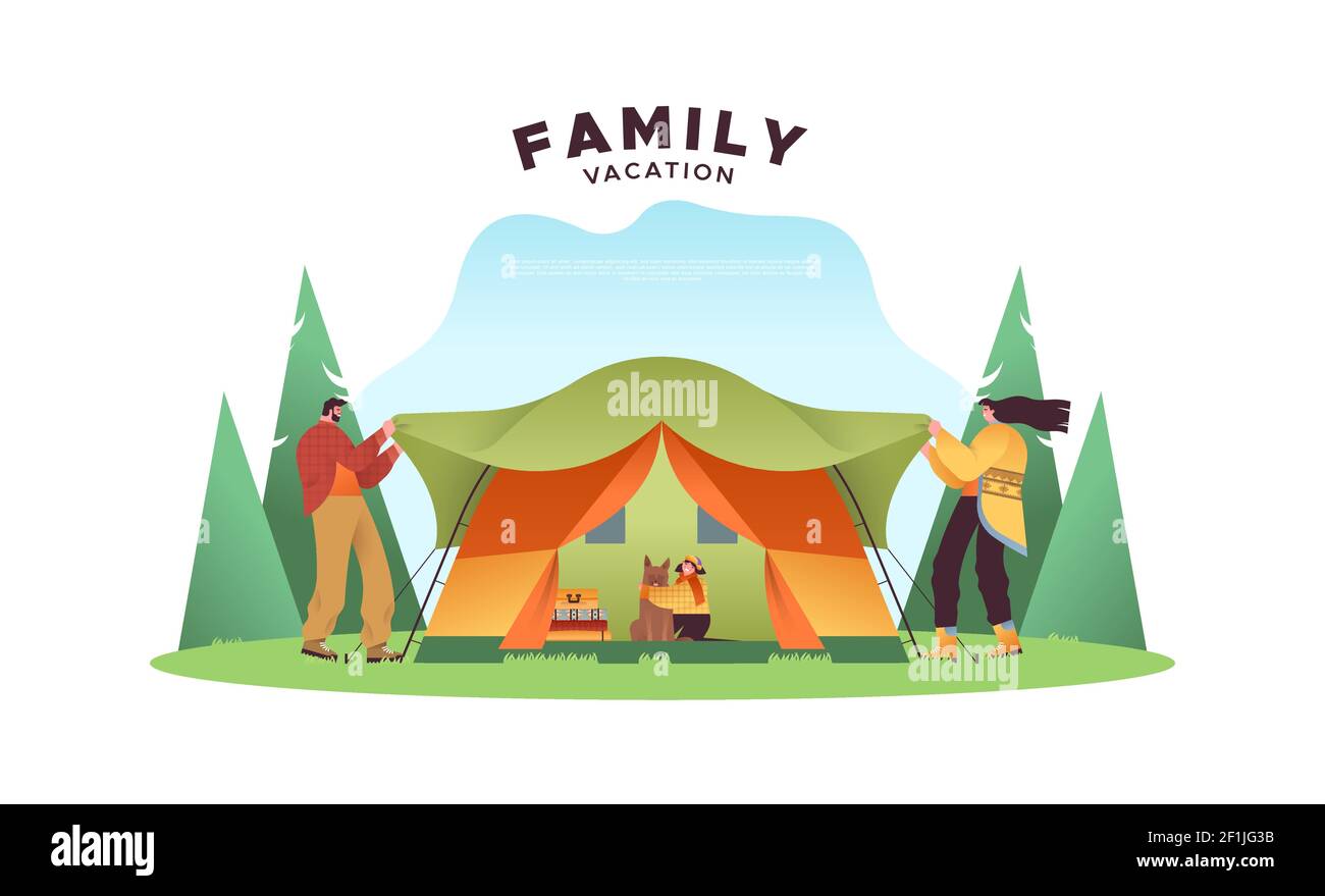 Familienurlaub Illustration Vorlage von glücklichen Mama, Papa, Tochter und Haustier Hund Einstellung Camping Zelt. Öko-Tourismus oder Outdoor-Reisekonzept auf isoliert Stock Vektor