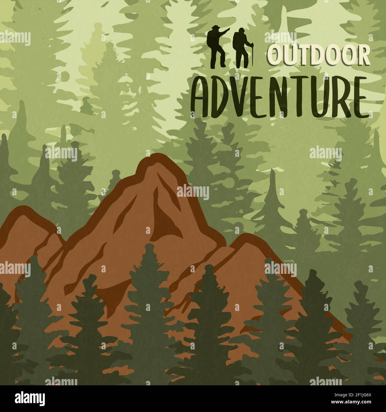 Outdoor-Abenteuer Illustration der wilden Berglandschaft mit grünen Kiefernwald. Öko-Tourismus Urlaub oder Wandern Aktivitätskonzept. Stock Vektor